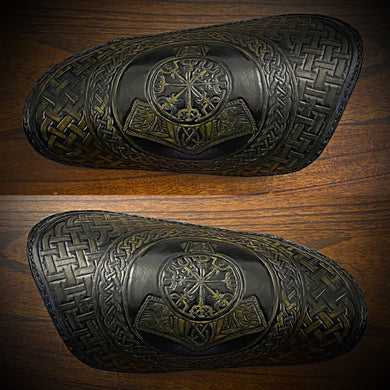 Leather Covered Handlebar Hand Guards Black, Mjölinr & Compass Rune Art