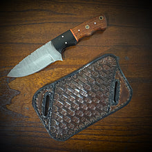 Load image into Gallery viewer, The Gentlemen, Damascus Steel Fixed Blade Knife Rose Wood &amp; Micarta Handle, With Sheath (Ships Now)
