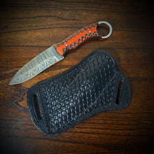 Load image into Gallery viewer, Dragons’ Breath, Damascus Steel Fixed Blade Knife With Finger Ring &amp; dragon Scale Sheath (Ships Now)