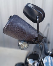 Load image into Gallery viewer, Leather Covered Handlebar Hand Guards Black, Viking Protection Rune Art