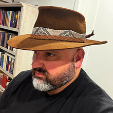 Load image into Gallery viewer, Fedora, Revenant Style, Chocolate Brown Felt, Python Band, Rough Side Out Brown Leather Braid
