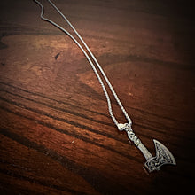 Load image into Gallery viewer, Viking Axe Pendant Necklace With Raven Relief On One Side &amp; Wolf On The Other