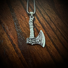 Load image into Gallery viewer, Viking Axe Pendant Necklace With Raven Relief On One Side &amp; Wolf On The Other