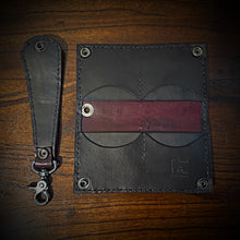 Load image into Gallery viewer, Long Biker Exotic Leather Wallet with Chain - American Alligator Leather, Black Cherry, Black &amp; Black Cherry Interior, Black Stitching