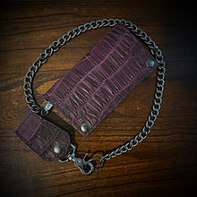 Load image into Gallery viewer, Long Biker Exotic Leather Wallet with Chain - American Alligator Leather, Black Cherry, Black &amp; Black Cherry Interior, Black Stitching