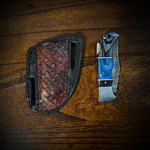 Load image into Gallery viewer, The Gentlemen, Damascus Steel Folding Blade Knife Blue and Grey Wood, With Sheath (Ships Now)