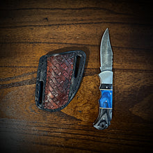 Load image into Gallery viewer, The Gentlemen, Damascus Steel Folding Blade Knife Blue and Grey Wood, With Sheath (Ships Now)