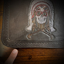 Load image into Gallery viewer, Heat Shield for Indian Challenger and Pursuit Motorcycles - Native Skull and Tomahawks, Crease In Leather Flaw, (Ships Now) Clearance Sale