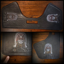 Load image into Gallery viewer, Heat Shield for Indian Challenger and Pursuit Motorcycles - Native Skull and Tomahawks, Crease In Leather Flaw, (Ships Now) Clearance Sale