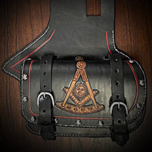 Load image into Gallery viewer, Heat Shield - Masonic Art Black, W/ Pouch, Metal Studs, &amp; Suede Backing, You Choose the Color of Stitching- Fits Indian Chief, Chieftain, Springfield, Vintage and Roadmaster