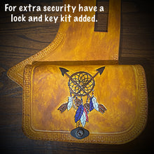 Load image into Gallery viewer, Heat Shield - Tomahawks &amp; Dreamcatcher, Indian Tan, With Pouch, Fits Indian Chief, Chieftain, Springfield, Vintage and Roadmaster