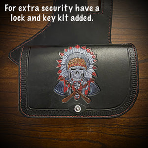 Heat Shield - Native Skull w/ Tomahawks, Black, Double Pouch, Fits Indian Chief, Chieftain, Springfield, Vintage and Roadmaster