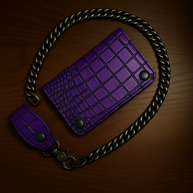 Long Biker Exotic Leather Wallet with Chain - American Alligator Leather, Purple, Purple Interior, Purple Stitching