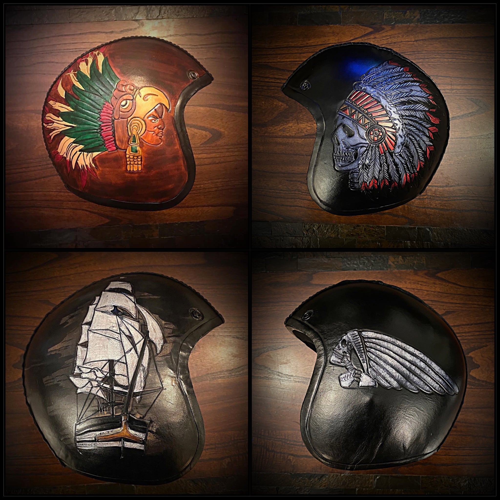brown leather covered motorcycle helmets German Half Helmet Ratchet Design Quick Release with Universally Adjustable Strap Standard Features Hedonist Macadamia Open Face Motorcycle