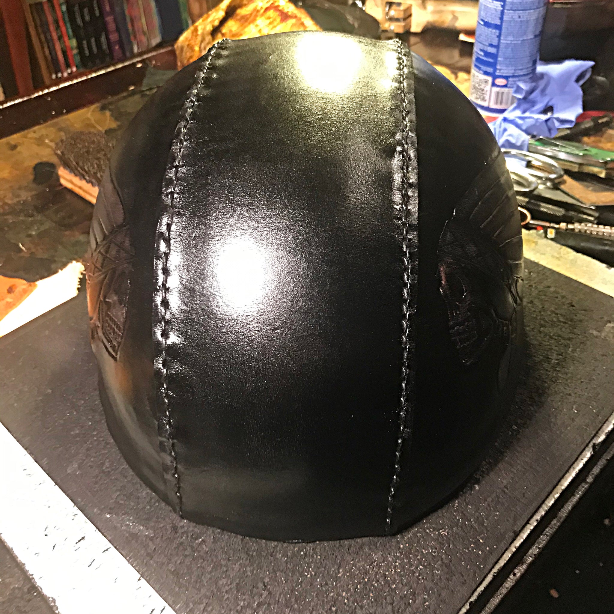 custom leather motorcycle helmets Leather covered Half Helmet With Skull Warbonnet – Forged Glory Custom Leather Craft