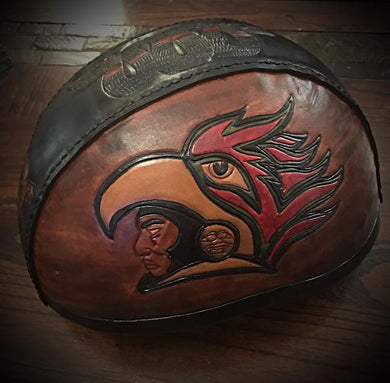 Leather Covered Half Helmet with Aztec Warrior Art