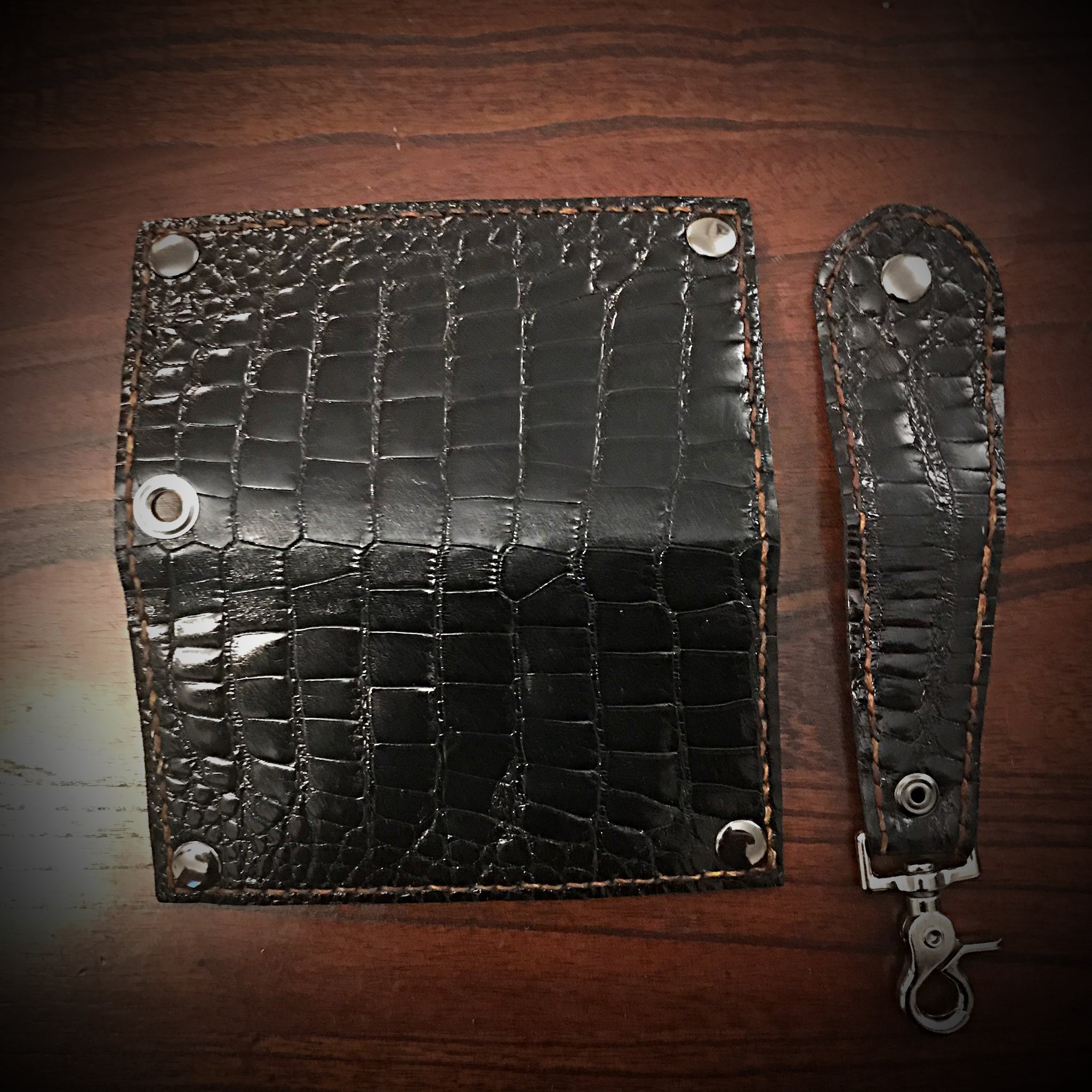 Long Biker Exotic Leather Wallet with Chain - Black American Alligator –  Forged Glory Custom Leather Craft