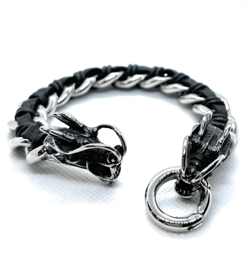 Big, Bold & Heavy Steel & Leather Dragon Bracelet