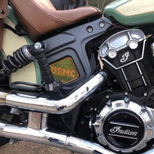 Load image into Gallery viewer, Leather Frame Emblem for the Indian Scout - USMC, Green &amp; Gold