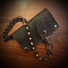 Load image into Gallery viewer, Long Biker Exotic Leather Wallet with Chain - Genuine Black Elephant w/ Red Stitching