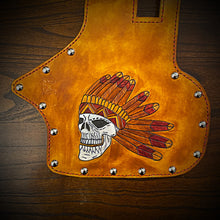 Load image into Gallery viewer, Heat Shield, Flying Indian Skull, Indian Tan w/ Metal Dome Studs &amp; Suede Backing - Fits Indian Chief, Chieftain, Springfield, Vintage and Roadmaster, Red Accents