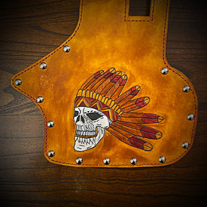 Heat Shield, Flying Indian Skull, Indian Tan w/ Metal Dome Studs & Suede Backing - Fits Indian Chief, Chieftain, Springfield, Vintage and Roadmaster, Red Accents