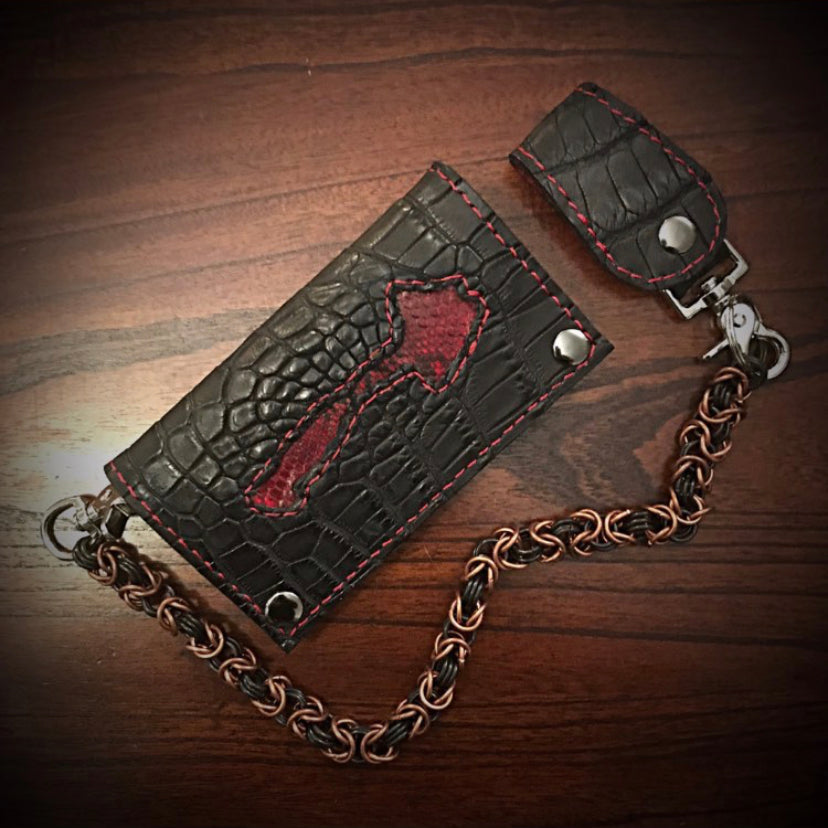 Long Biker Exotic Leather Wallet with Chain - American Alligator