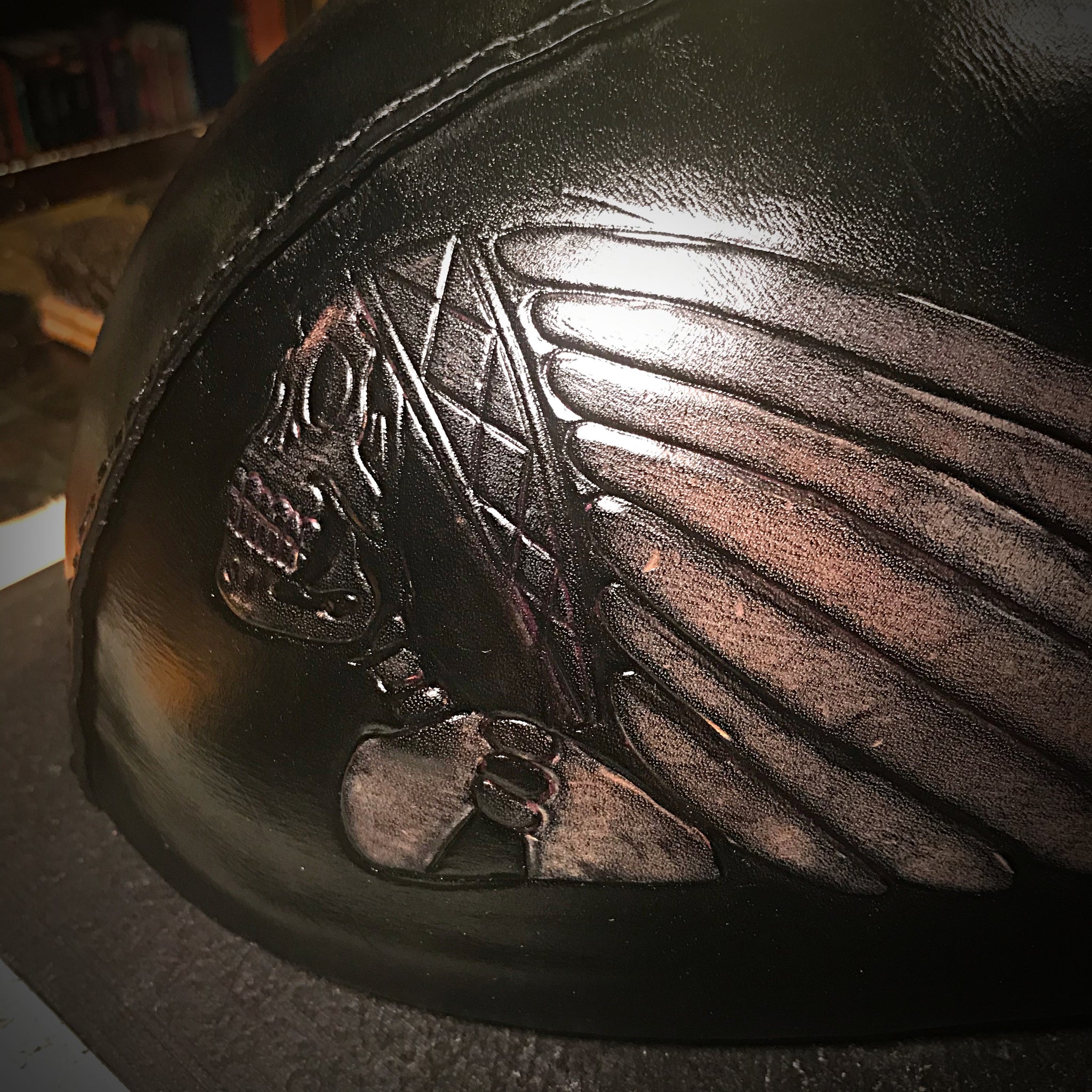 craft motorcycle helmet Leather covered Half Helmet With Skull Warbonnet – Forged Glory Custom Leather Craft