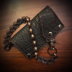 Long Biker Exotic Leather Wallet with Chain - Genuine Elephant Leather, Black, Brown Interior, Brown Stitching