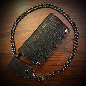 Long Biker Exotic Leather Wallet with Chain - Genuine Black Elephant w/ Red Stitching