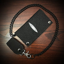 Load image into Gallery viewer, Long Biker Exotic Leather Wallet with Chain - Stingray, Black with White Mark