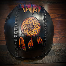 Load image into Gallery viewer, Leather covered Half Helmet With Flying Skull Art