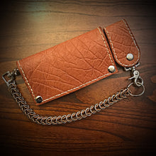 Load image into Gallery viewer, Long Biker Exotic Leather Wallet with Chain - Genuine Elephant Leather, Indian Tan, White Stitching
