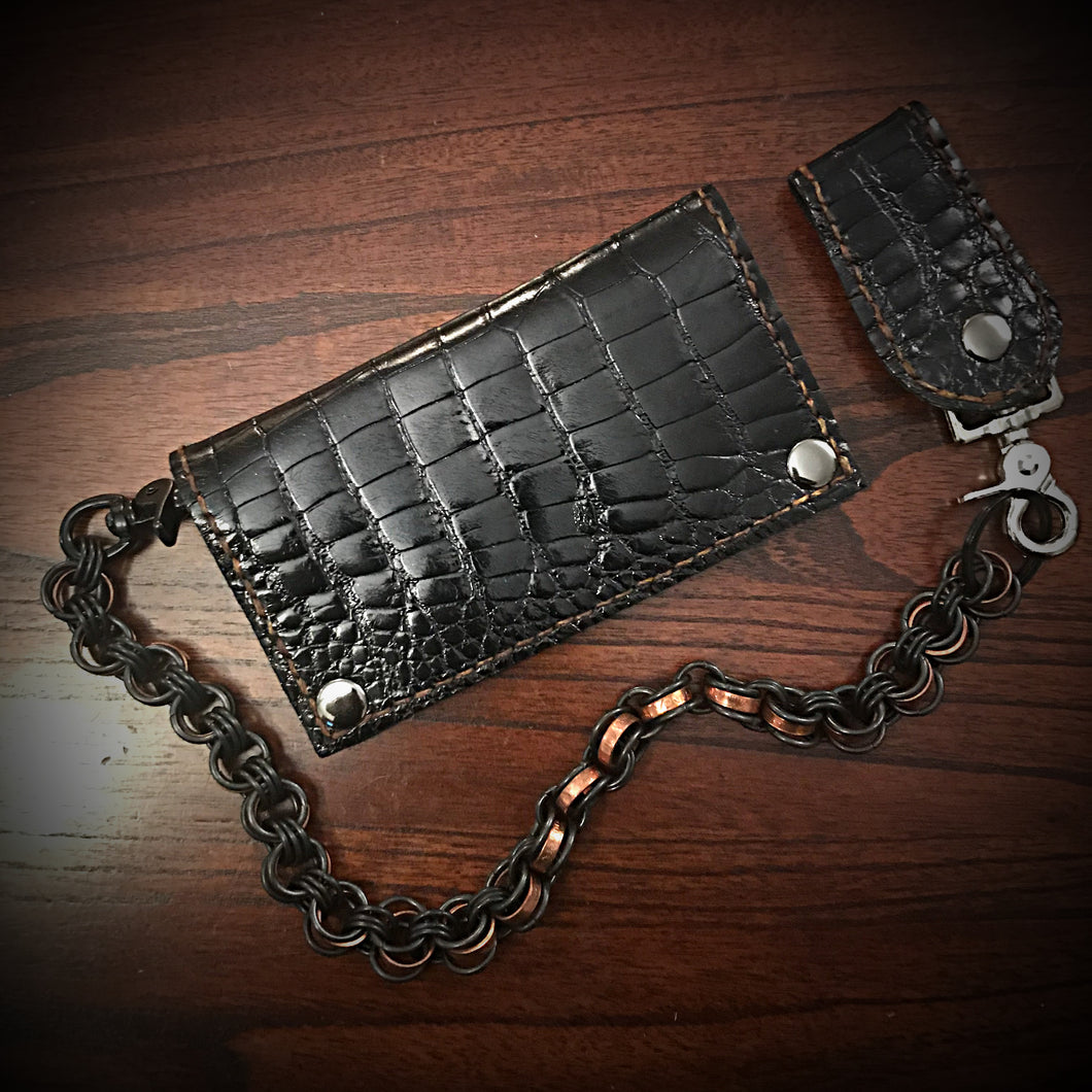 Long Biker Exotic Leather Wallet with Chain - Gloss American Alligator Leather, Black, Brown Interior, Brown Stitching
