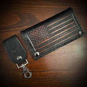 Long Biker Leather Wallet with Chain- Old Glory, Black