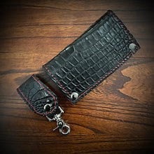 Load image into Gallery viewer, Long Biker Exotic Leather Wallet with Chain - American Alligator Leather, Black, Red Interior, Red Stitching