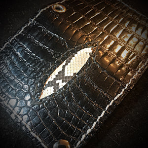 Long Biker Exotic Leather Wallet with Chain - American Alligator, w/ Rectum Python Inlay (the devils anus wallet)
