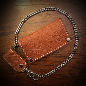 Long Biker Exotic Leather Wallet with Chain - Genuine Elephant Leather, Indian Tan, White Stitching