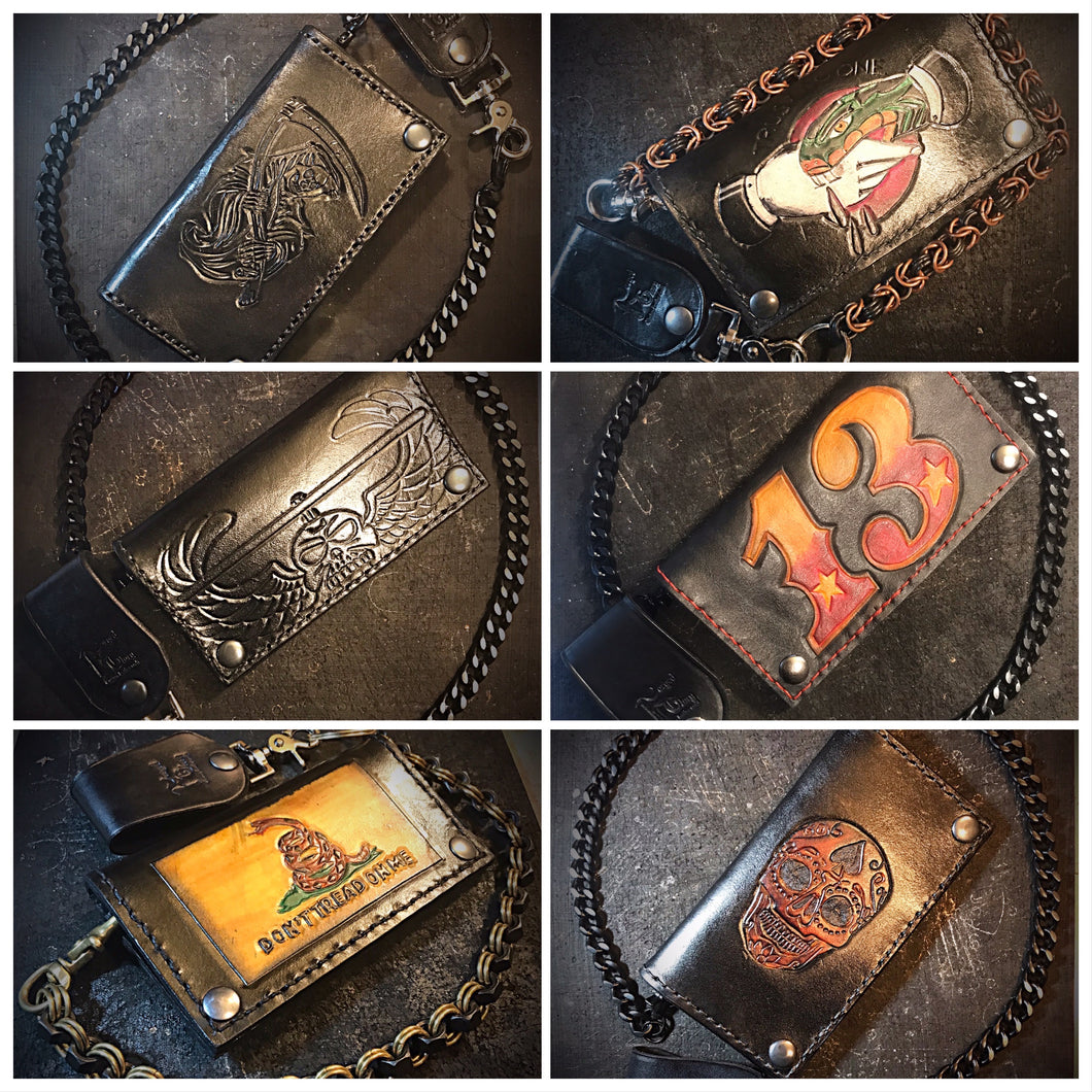 Long Biker Leather Wallet with Chain - Custom Art, Black