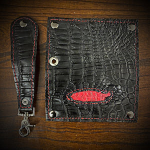 Long Biker Exotic Leather Wallet with Chain - Black American Alligator, w/ Rectum, Red Alligator Inlay (ships now)