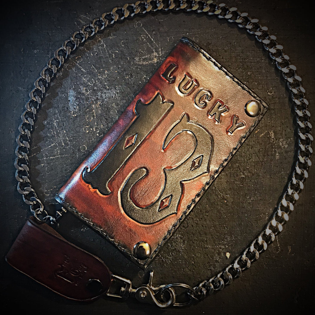 Long Biker Leather Wallet with Chain - Lucky 13, Brown (ships now)