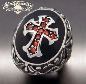 'Deus Vult!' - 'God Wills It' Christian Crusaders Soldier Ring w/Red Zircon Gemstones