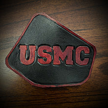 Load image into Gallery viewer, Leather Frame Emblem for the Indian Scout - USMC, Red &amp; Black