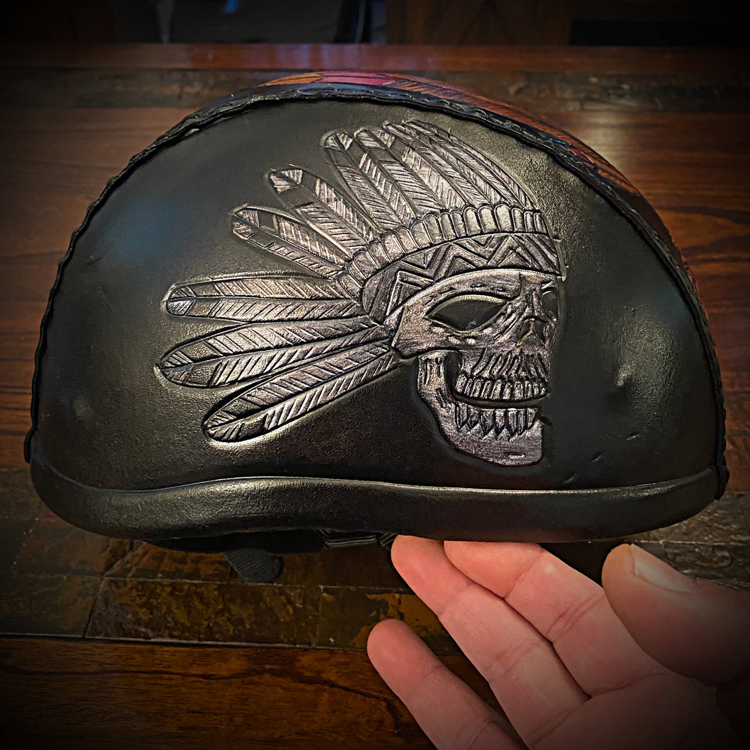 Leather covered Half Helmet With Flying Skull size: medium (ships now)