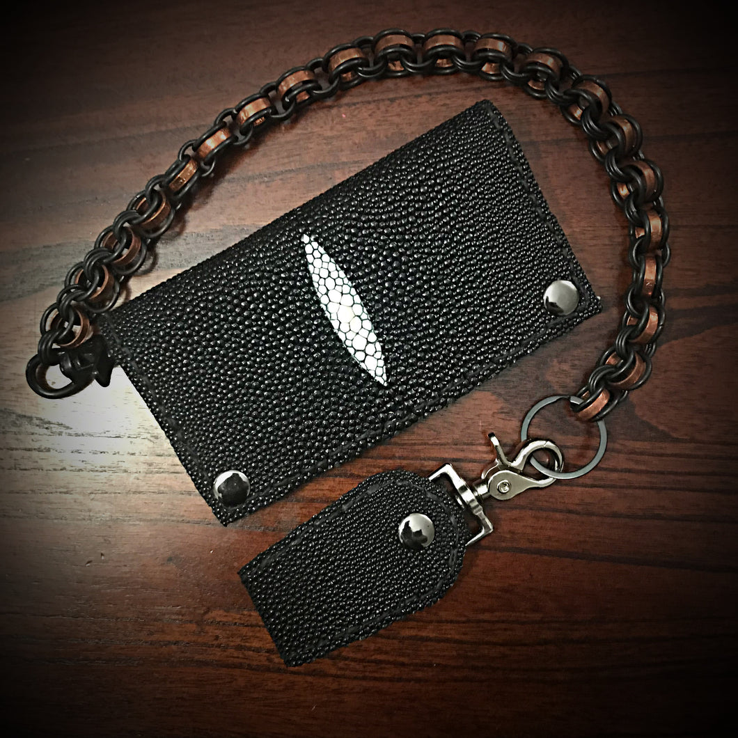 Long Biker Exotic Leather Wallet with Chain - Stingray, Black with White Mark