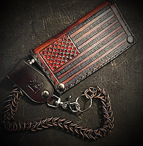 Long Biker Leather Wallet with Chain - Old Glory, Brown