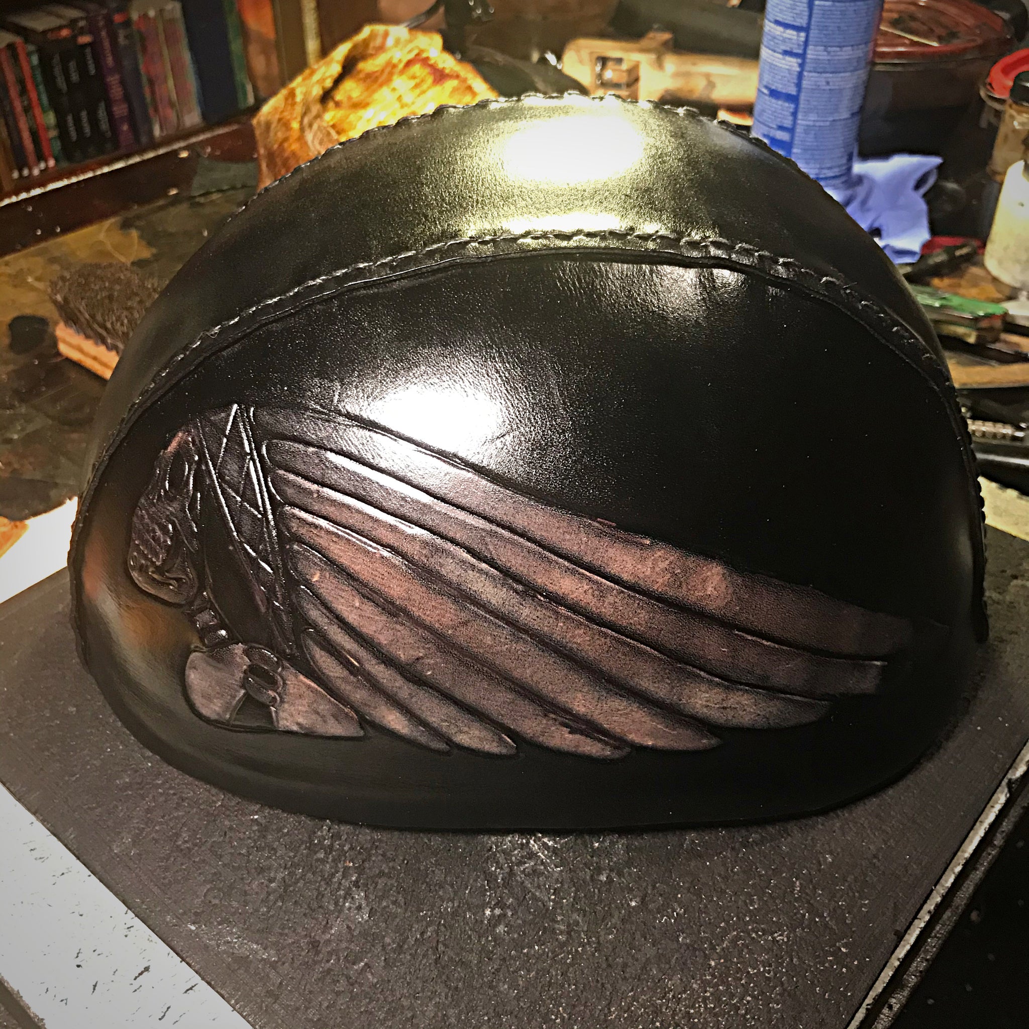 custom motorcycle helmet reddit Leather covered Half Helmet With Skull Warbonnet – Forged Glory Custom Leather Craft