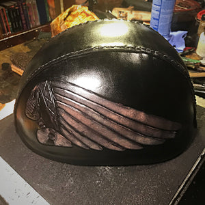 Leather covered Half Helmet With Skull Warbonnet