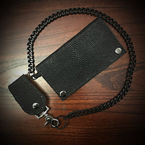 Long Biker Exotic Leather Wallet with Chain - Stingray, Black