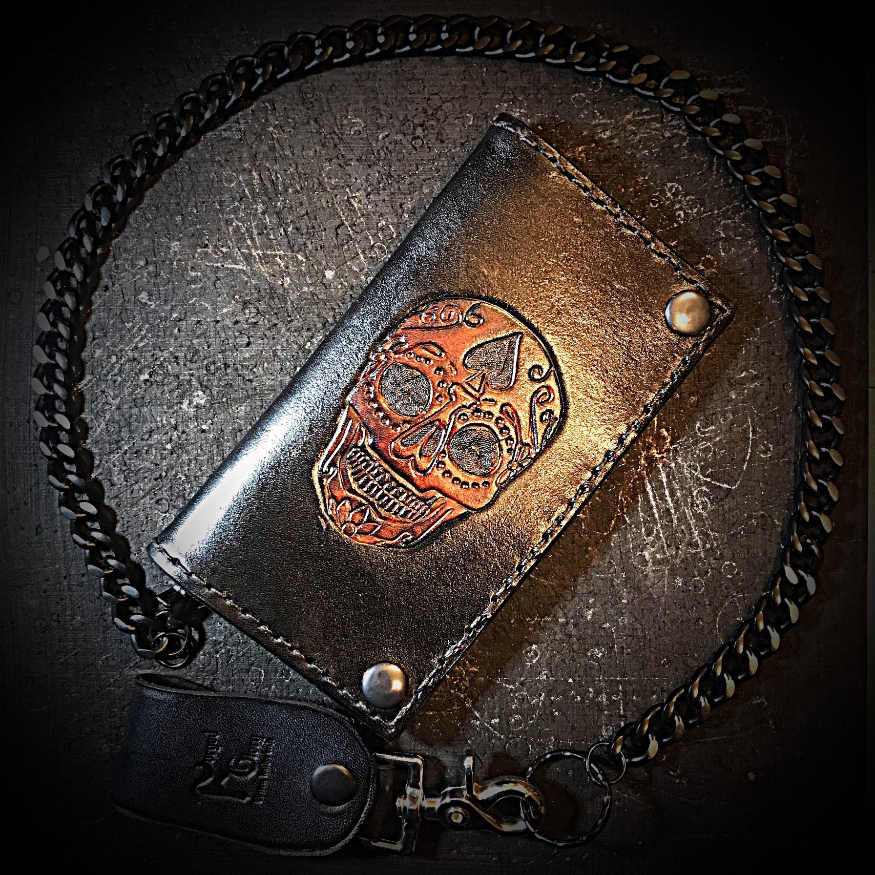 Long Biker Leather Wallet with Chain - Sugar Skull, Black – Forged